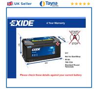 Car Battery EB852 Exide 017 760A 85Ah 4Yr Warranty 353x175x175 Excell