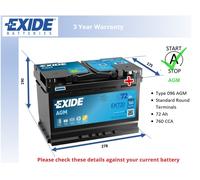 Car Battery EK720 Exide 000915105CC 5GM915105AA 5GM915105BA 7L0915105 7P0915105