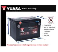 Car Battery YBX3780 Yuasa 75-70 740A 74Ah 3Yr Warranty 260x183x185 SMF