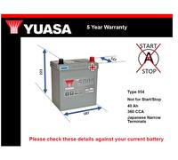 Car Battery YBX5054 Yuasa 054 360A 40Ah 5Yr WTY 187x127x223 Silver High Perf.