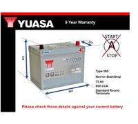 Car Battery YBX5068 Yuasa 068 650A 75Ah 5Yr WTY 269x174x225 Silver High Perf.