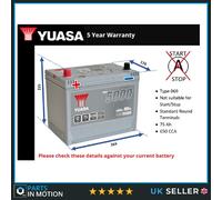 Car Battery YBX5069 Yuasa 069 650A 75Ah 5Yr WTY 269x174x225 Silver High Perf.