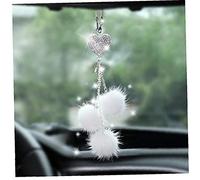Car Bling Rear View Mirror Hanging Accessories for Women & Men, Rhinestones Diamond Heart and White Plush Ball Crystal Catcher Lucky Ornament Chain, Car Chandelier, Bling Car Charm