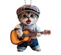 Car Cat Pendant, 2D Acrylic Animal Charm Decoration, Cute Hanging Cat Playing Guitar Ornament, Sturdy Lightweight Rearview Mirror Accessory for Home, Window, Christmas Tree, Living Room Display