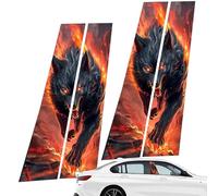 Car Center Pillar Sticker | Car Door Pillar Decals | Black Wolf Swallowed By Flames Side Door Window Cover, Moulding Cover