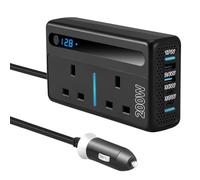Car Charger, 200W Inverter 12V to 240V with Fast Charging Support Power Station with 2 AC Sockets & 4 USB Ports Car Camping Accessories for Road Trips, Caravan & Motorhome