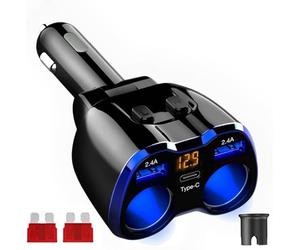 Car Charger Cigarette Lighter Adaptor 120W Power Adapter Two Way Switch 12V/24V Car Power Outlet with Dual 2.4A USB Adapter and Type C Port for Car