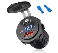 Car Charger Socket USB C 48W Total Output PD Fast Charging QC3.0 Dual Port Type-C/USB-A Power Outlet Panel 12V/24V LED Voltmeter Cigarette Lighter Adapter Waterproof for Campervan Motorcycle RV Marine