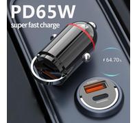 Car Charger with Two USB Ports Supporting PD 65W and For QC3 0 Fast Charge Compact Size Fits Standard DC 12V 24V Car Sockets with Overcurrent and Short Circuit Protection
