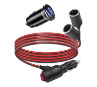 Car Cigarette Lighter Socket Splitter 1 to 2 Adapter DC 12V/24V Power Charger Socket Extension Cable 2-Way Female Plug Connector Adapter with LED Switch and 15A Fuse Mini Dual USB Car Charger