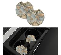 Car Coaster 2 Pcs Universal Cars Cup Holder Vintage Old World Map Cup Coaster With A Finger Notch Non-Slip Drink Coasters Protective Auto Interior Accessories Car Cups Mats For Most Vehicle