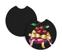 Car Coasters 2-Pack Whjssf Cherries On A Pile Of Colorful Ribbons Printing Durable Chloroprene Rubber, Waterproof, Quick Drying, Odorless Cup Holder Protectors