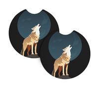 Car Coasters 2-Pack Whjssf Howling Wolf In The Moonlight Printed Durable Chloroprene Rubber, Waterproof, Quick Drying, Odorless Cup Holder Protectors