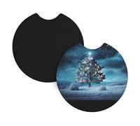 Car Coasters 2-Pack Yyhhaofa Snowy Night Christmas Tree Pattern Durable Chloroprene Rubber, Waterproof, Quick Drying, Odorless Cup Holder Protectors