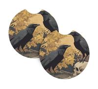 Car Coasters 2-Pack Yyhhaofa The Crow On The Skull Pattern Durable Chloroprene Rubber, Waterproof, Quick Drying, Odorless Cup Holder Protectors