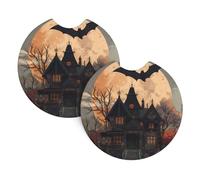 Car Coasters 2-Pack Yyhwhjde Bats And Haunted Houses Prints Durable Chloroprene Rubber, Waterproof, Quick Drying, Odorless Cup Holder Protectors
