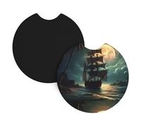 Car Coasters 2-Pack Yyhwhjde Pirate Sailboat Full Moon Prints Durable Chloroprene Rubber, Waterproof, Quick Drying, Odorless Cup Holder Protectors