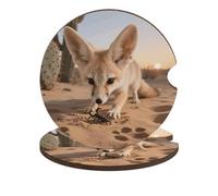 Car Coasters for Cup Holders - 2 Pack Absorbent Drink Coaster, Fennec Fox Digging Wooden Coasters with Cork Base, Universal Fit Cup Holder Inserts for Car Interior Protection