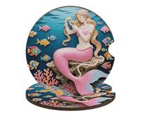 Car Coasters for Cup Holders - 2 Pack Absorbent Drink Coaster, Mermaid Coral Comb Wooden Coasters with Cork Base, Universal Fit Cup Holder Inserts for Car Interior Protection