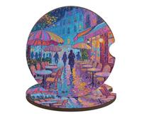 Car Coasters for Cup Holders - 2 Pack Absorbent Drink Coaster, Paris Cafe Neon Night Wooden Coasters with Cork Base, Universal Fit Cup Holder Inserts for Car Interior Protection