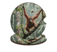 Car Coasters for Cup Holders - 2 Pack Absorbent Drink Coaster, Swinging Orangutan Wooden Coasters with Cork Base, Universal Fit Cup Holder Inserts for Car Interior Protection