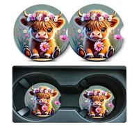 Car Coasters for Cup Holders,2 Pack Highland Cow Floral Car Coasters,2.75" Universal Size Anti Slip Rubber Mat,Automotive Cup Holder Gifts for Cow Lovers for Women,Men,Mom