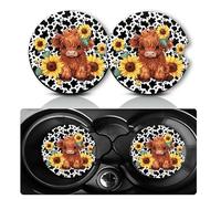 Car Coasters for Cup Holders,2 PCS Universal Non-Slip Sunflower Highland Cow Car Coasters,2.75" Rubber Mat,Highland Cow Cars Accessories Cup Drink Holder Coaster Decor Cows Gifts for Women,Men,Mom