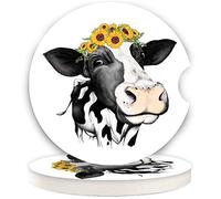 Car Coasters for Women Mother's Day 2 Pack Easter Decorations, Cute Farm Cow Animal 2.56" Absorbent Ceramic Coaster Car Accessories, Keep Cup Holders Clean and Dry, Easy Removal(Cute Cow & Sunflower)