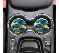 Car Coasters Set of 2 - Ceramic Round Cup Holders with Cork Base & Finger Notch, Auto Interior Accessories, Anti-Slip, Durable, Stylish Decor for Men & Women, Fresh Blue - green Monstera
