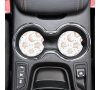 Car Coasters Set of 2 - Ceramic Round Cup Holders with Cork Base & Finger Notch, Auto Interior Accessories, Anti-Slip, Durable, Stylish Decor for Men & Women, Sweet Star - Moon Fairy - tale