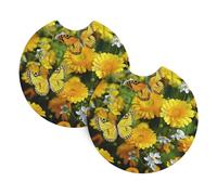 Car Coasters set of 2 Universal Auto non Slip Insert Coaster for Women Men Butterfly and Yellow Daisies Car Cup Mat with A Finger Notch for Most Car Interior