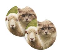 Car Coasters set of 2 Universal Auto non Slip Insert Coaster for Women Men Cat and Sheep Car Cup Mat with A Finger Notch for Most Car Interior