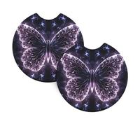 Car Coasters set of 2 Universal Auto non Slip Insert Coaster for Women Men Purple Glowing Butterfly Car Cup Mat with A Finger Notch for Most Car Interior