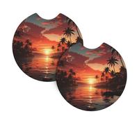 Car Coasters set of 2 Universal Auto non Slip Insert Coaster for Women Men Sunset with Palm Trees Car Cup Mat with A Finger Notch for Most Car Interior