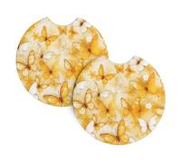 Car Coasters set of 2 Universal Auto non Slip Insert Coaster for Women Men Yellow and White Butterfly Car Cup Mat with A Finger Notch for Most Car Interior