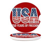 Car Cup Coasters for Cup Holders-USA 250 Years of Freedom Flag,Ceramic Cup Coasters with Finger Notch & Cork Base - Anti-Slip Car Interior Accessories for Women Men Pack of 2, 2.56In