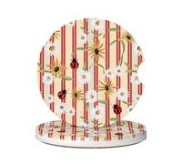 Car Cup Holder Coaster 6.5Cm, Vintage Daisy Ladybug Red Stripe Universal Coaster Mats Non-Slip Car Cup Holder Insert For Suv Women,2 Pcs