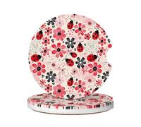 Car Cup Holder Coaster 6.5Cm, Vintage Flower Cute Ladybug Universal Auto Cups Holders Insert Durable Car Coasters For Women Vehicle,2 Pcs