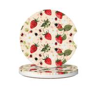 Car Cup Holder Coaster 6.5Cm, White Flower Strawberry Ladybug Universal Auto Mug Mats Durable Cup Holder Insert Coasters For Women Vehicle,2 Pcs