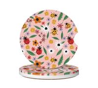 Car Cup Holder Coaster 6.5Cm, Yellow Red Ladybug Leaves Flower Universal Auto Insert Coaster Dustproof Car Cup Holder Insert For Men Truck,2 Pcs