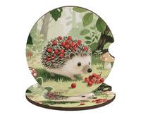 Car Cup Holder Coasters 2-Pack - Berry - Collecting Hedgehog Absorbent Wood & Cork Coasters for Car Cup Holders, Festive Car Accessories for Women & Men