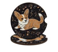 Car Cup Holder Coasters 2-Pack - Corgi Who Loves Music Absorbent Wood & Cork Coasters for Car Cup Holders, Festive Car Accessories for Women & Men