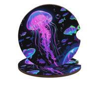 Car Cup Holder Coasters 2-Pack - Fluorescent Jellyfish Absorbent Wood & Cork Coasters for Car Cup Holders, Festive Car Accessories for Women & Men
