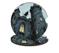 Car Cup Holder Coasters 2-Pack - Ghost Castle Absorbent Wood & Cork Coasters for Car Cup Holders, Festive Car Accessories for Women & Men