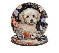 Car Cup Holder Coasters 2-Pack - Hand Drawn Garden Dog Absorbent Wood & Cork Coasters for Car Cup Holders, Festive Car Accessories for Women & Men