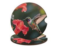 Car Cup Holder Coasters 2-Pack - Hummingbird Hover Absorbent Wood & Cork Coasters for Car Cup Holders, Festive Car Accessories for Women & Men