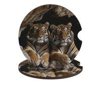 Car Cup Holder Coasters 2-Pack - Tiger in Cave Absorbent Wood & Cork Coasters for Car Cup Holders, Festive Car Accessories for Women & Men