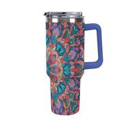 Car Cup With Handle 40 Oz 304 Stainless Steel Water Bottle Bohemian Psychedelic Peacock Mandala Printed Large Capacity Metal Coldest Flask Travel Mug Insulated Tumblers Iced for Tea Coffee Gift