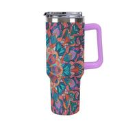 Car Cup With Handle 40 Oz 304 Stainless Steel Water Bottle Bohemian Psychedelic Peacock Mandala Printed Large Capacity Metal Coldest Flask Travel Mug Insulated Tumblers Iced for Tea Coffee Gift