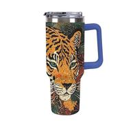 Car Cup with Handle 40 Oz 304 Stainless Steel Water Bottle Tiger Botanical Print Printed Large Capacity Metal Coldest Flask Travel Mug Insulated Tumblers Iced for Tea Coffee Gift